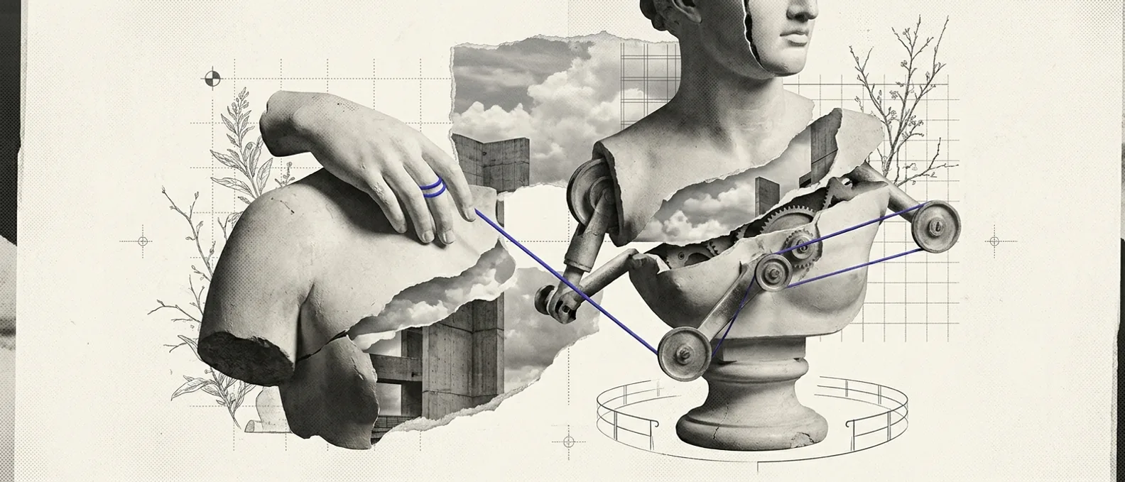 A plaster hand resting lightly on the shoulder of a mechanical figure that is doing the work, a single brand-blue tether running between them, hairline guardrails marked on the ground around the machine