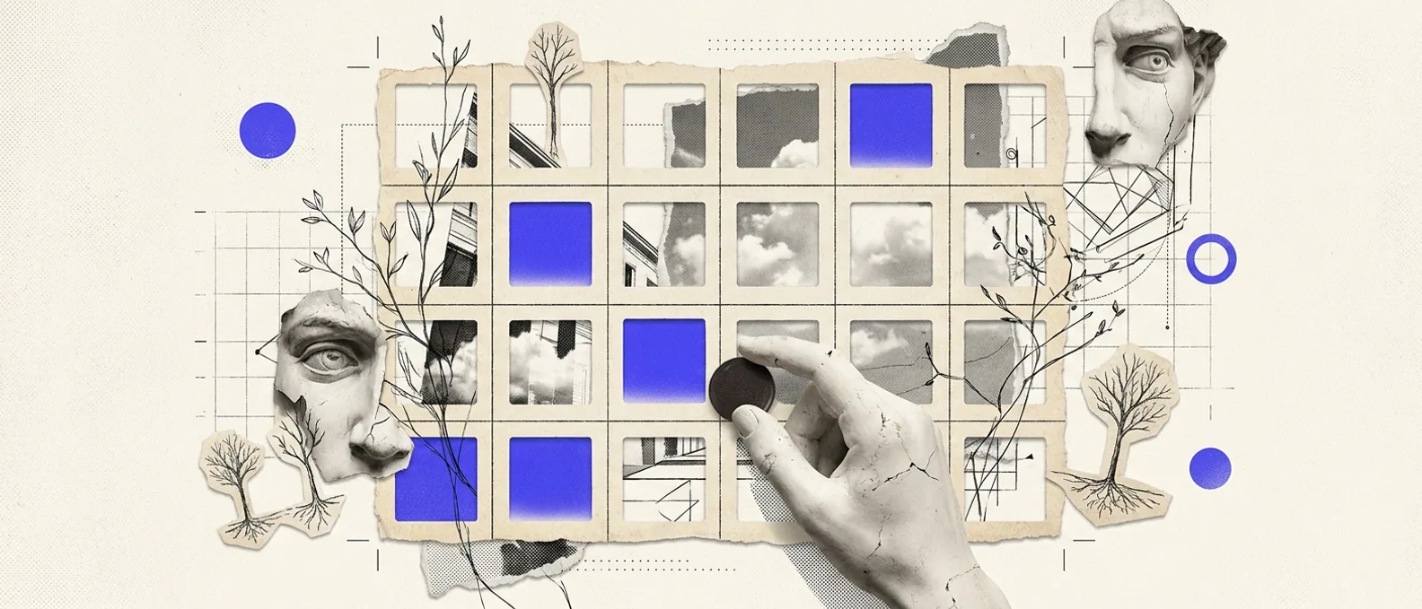 A plaster hand pressing a marker onto one cell of a four-by-five grid of plaster tiles, the lowest marked tile in each row filled with brand-blue, thin coordinate rules around the grid