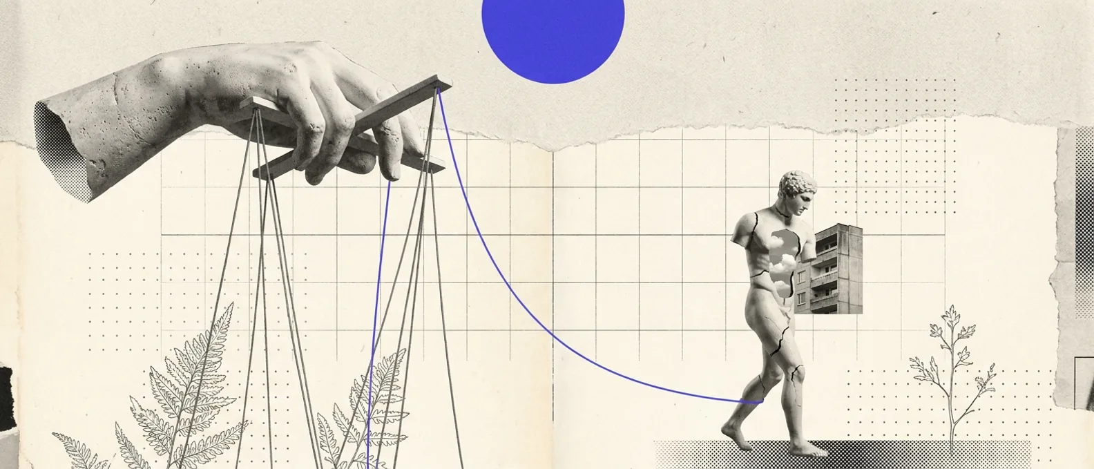 A plaster hand releasing a marionette’s control bar, the strings still attached to a figure that keeps moving on its own, a single brand-blue string glowing among gray ones