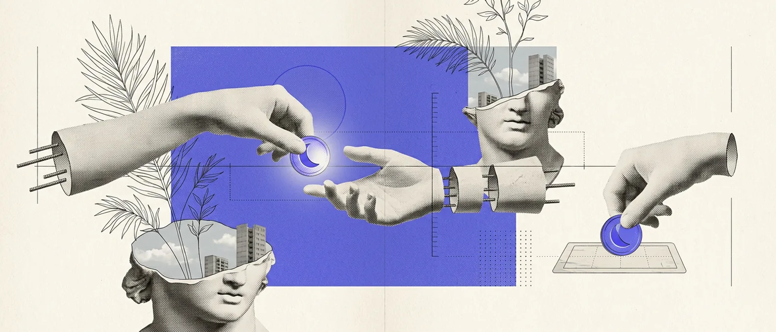 A line of pale plaster hands passing a single glowing brand-blue coin along a chain, while one hand quietly sets an identical coin aside as already owned, thin hairline rules tracing each handoff