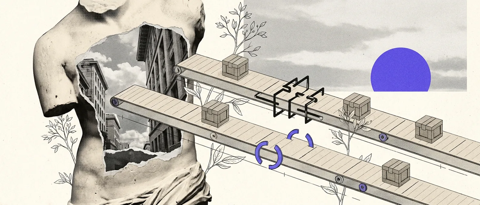 Two parallel paper conveyor rails running out of a hollowed plaster torso toward a distant blue disk, each carrying identical crates but fitted with different couplings that cannot join