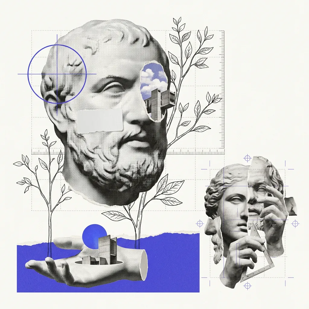 A plaster classical bust with a small printed sticker reading a blank label on its cheek, a second identical bust beside it with no sticker, thin brand-blue registration rules and a faint dotted grid between them