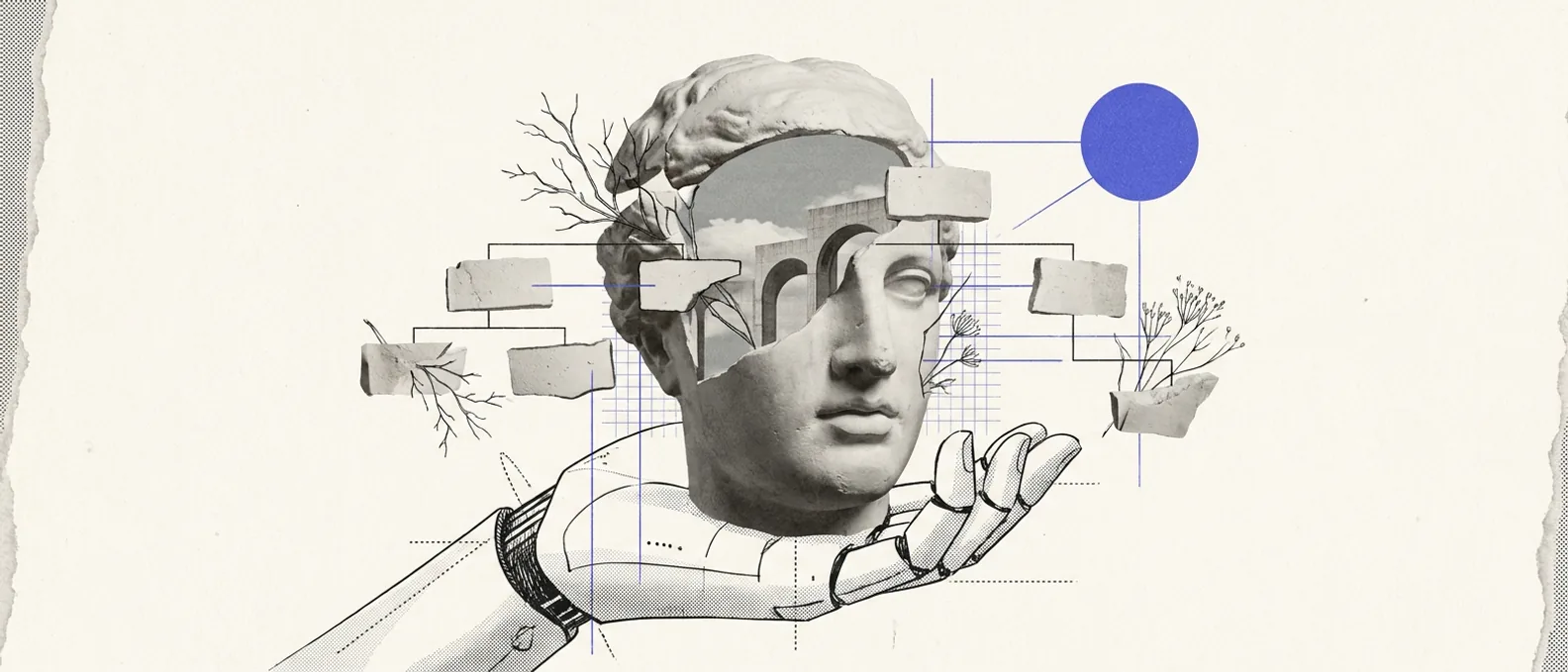 A plaster marketing org chart where the connecting lines are being rewired by a large mechanical hand into a new shape, boxes lifting off their old positions, thin brand-blue measurement rules running between them