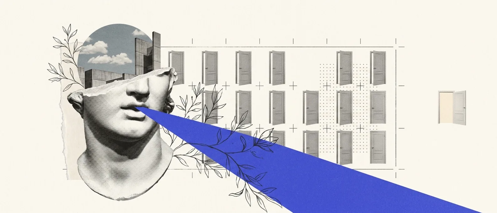 A cropped plaster head parts its lips to emit a single beam of blue light across a wide field of small closed doors, with one door left open to the side