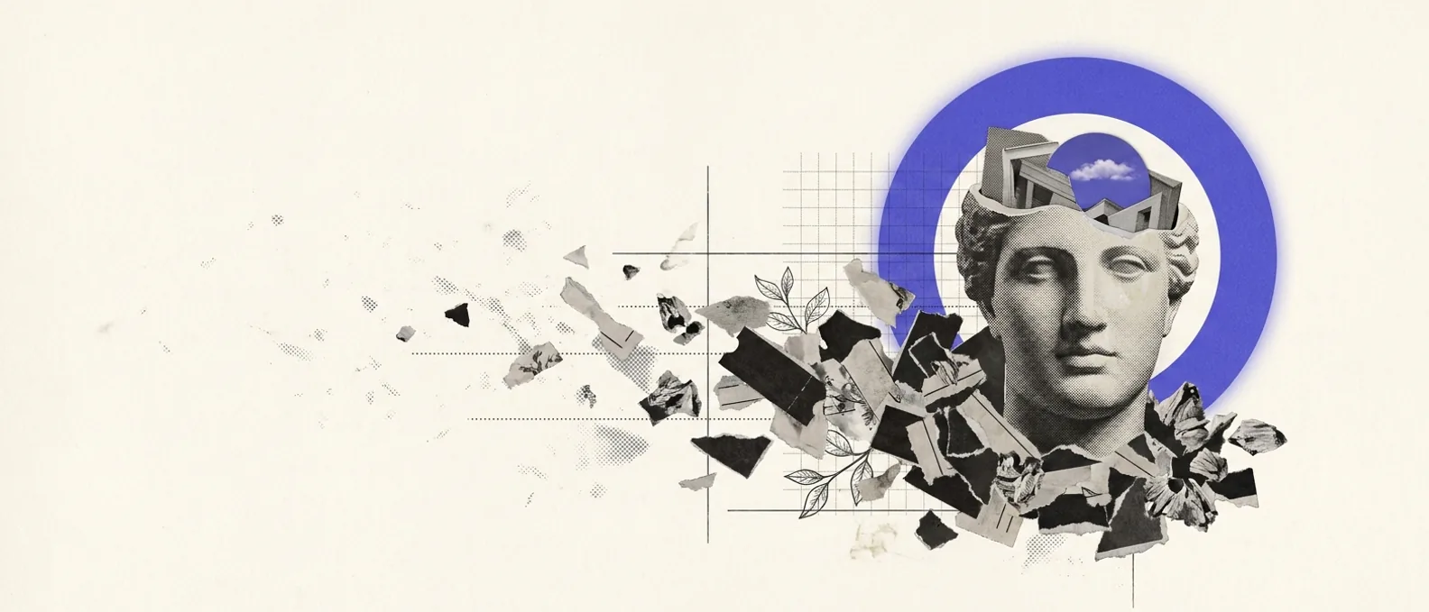 A cropped classical plaster head, calm and intact, its crown sliced open to reveal brutalist architecture and a sliver of blue sky, haloed by a single blue ring while torn paper coupon-tags and barnacle-like scraps break away and scatter across a measured bone-white field
