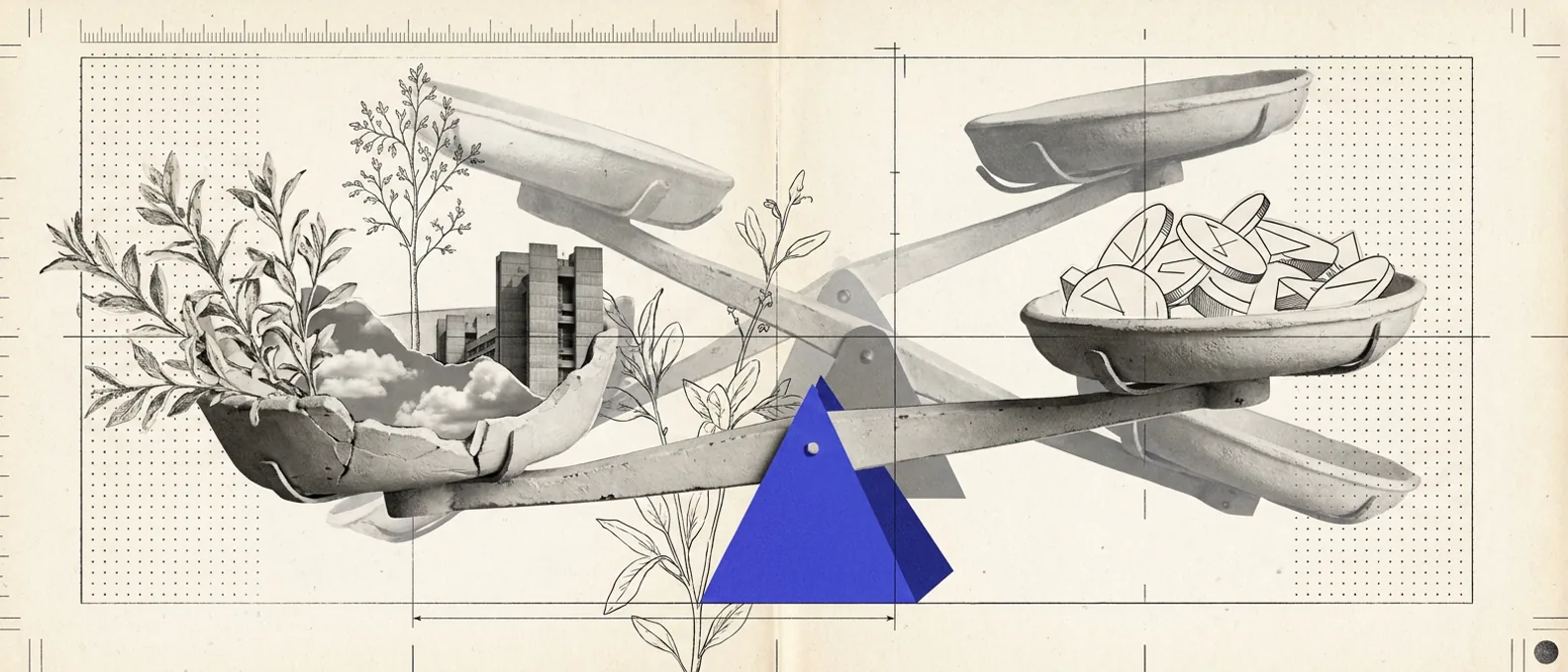 A pair of plaster scales, one pan heaped with slow-growing plaster foliage and the other with sharp geometric coins, the balance point marked by a brand-blue fulcrum that sits at a different spot for each of several faint ghosted scales behind