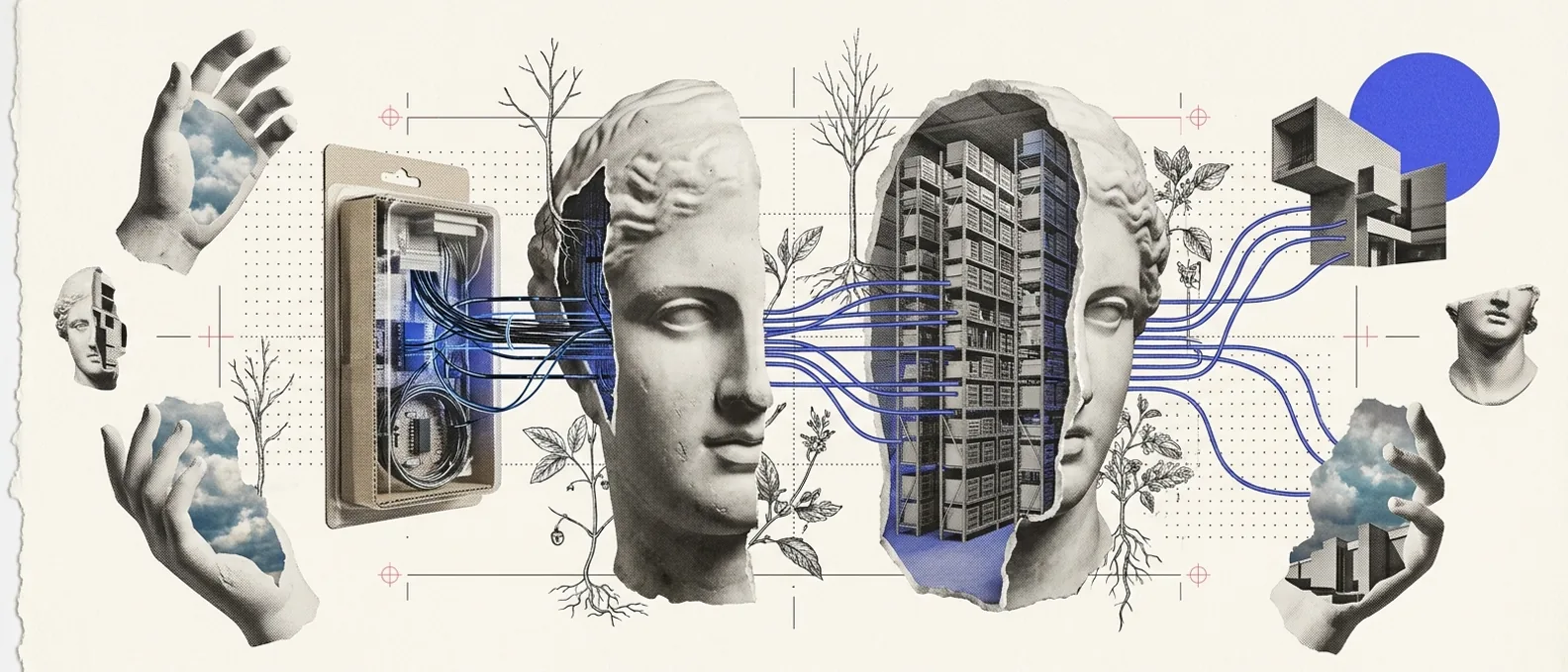 A plaster customer profile head split down the middle: one half is a sealed packaged box with built-in wiring, the other half is an open data warehouse of stacked shelves feeding thin brand-blue pipes outward, hairline measurement rules connecting them