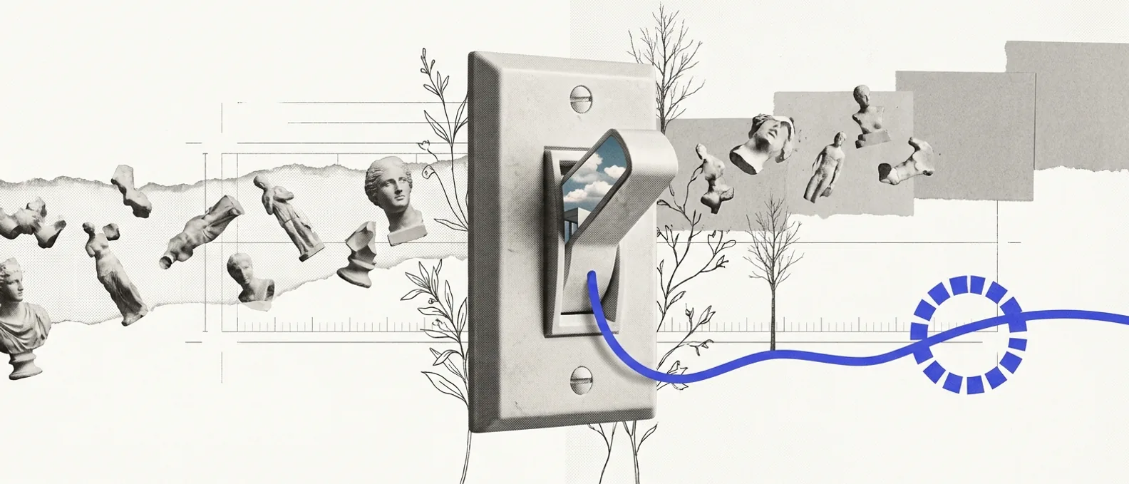 A single large plaster switch mid-throw between two states; on one side plaster figures flow freely, on the other they dissolve into blank paper; a brand-blue wire runs from the switch