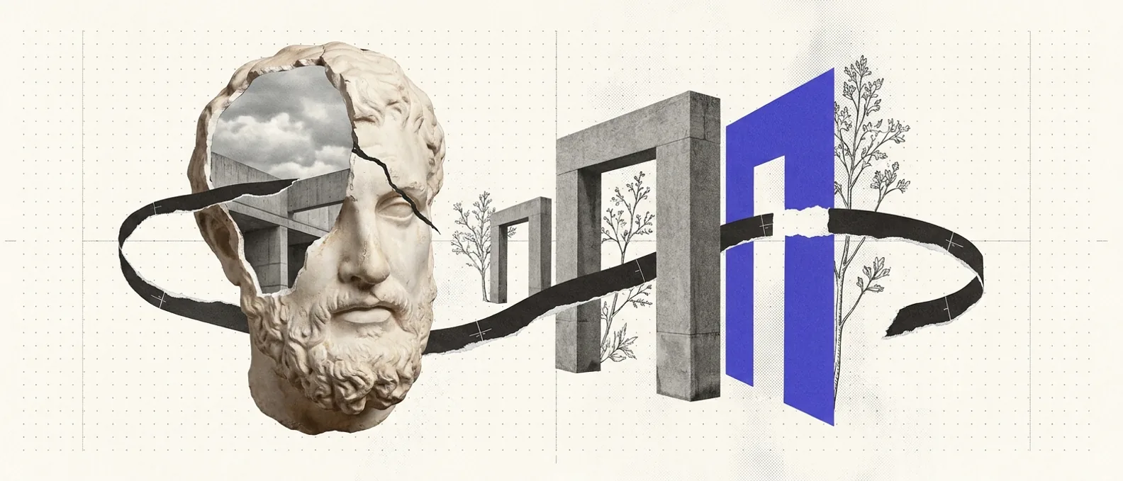 A thin ribbon leaving a hollowed plaster head, passing through a series of narrowing stone gates and returning to the same head, one gate rendered in brand blue and one section of ribbon missing entirely, over a dotted measurement grid