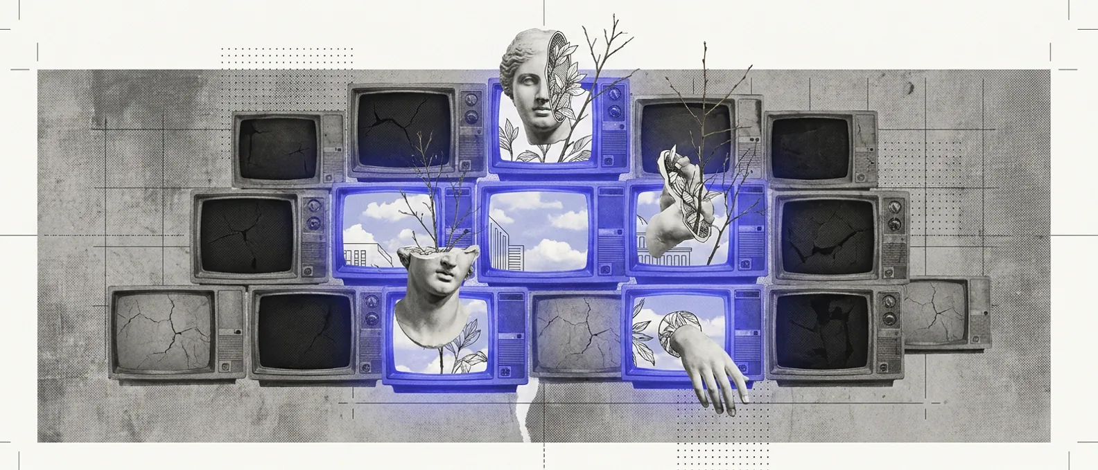 A wall of plaster television screens, most dark and cracked, a cluster in the center glowing brand-blue and full of sky, hairline measurement rules mapping the grid unevenly