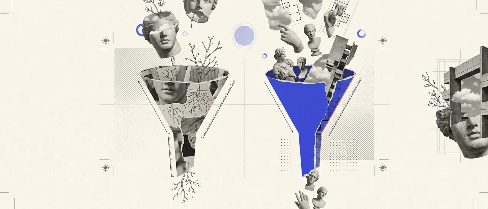 A plaster funnel with a slightly widened neck rendered in brand-blue, a modestly larger stream of plaster figures passing through than the gray funnel beside it; hairline conversion rules mark the small but real difference