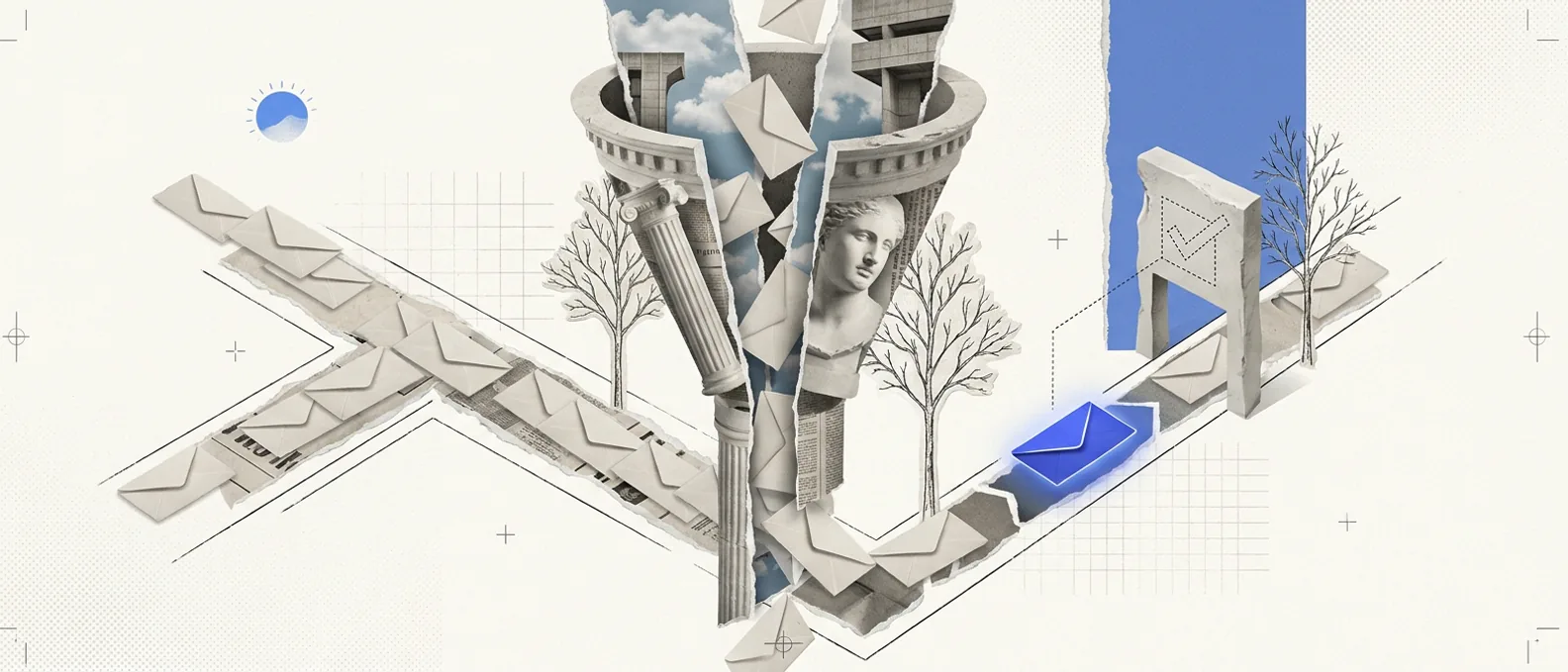 A tall plaster funnel sorting many identical envelopes into a few branching tracks, with one brand-blue envelope passing a checkmark gate and thin hairline rules marking each stage