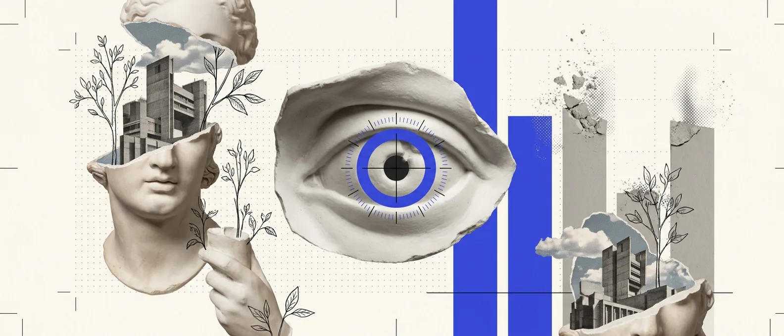 A cracked plaster human eye with a brand-blue iris of concentric measurement ticks, one solid blue data bar rising beside gray plaster bars whose tops crumble into dust, thin hairline rules across a pale field