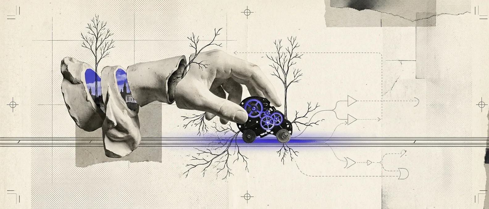 A plaster hand setting a small clockwork mechanism running along a fixed rail of hairline rules; the machine glows brand-blue only where the rail permits, gray where it strays; dotted logic marks around it