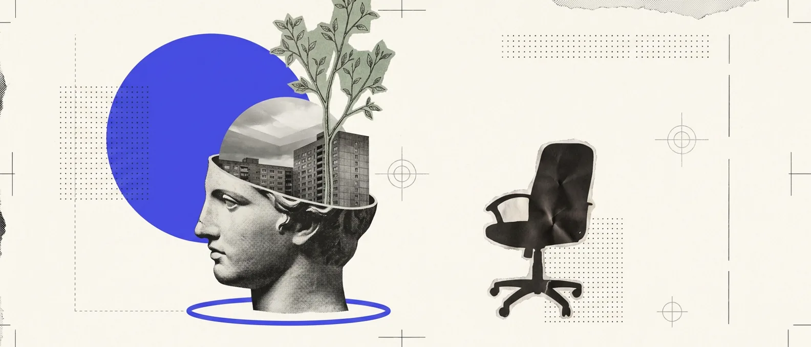 A classical plaster head sliced open with brutalist architecture nested inside, a young tree growing out of it, beside an empty office chair