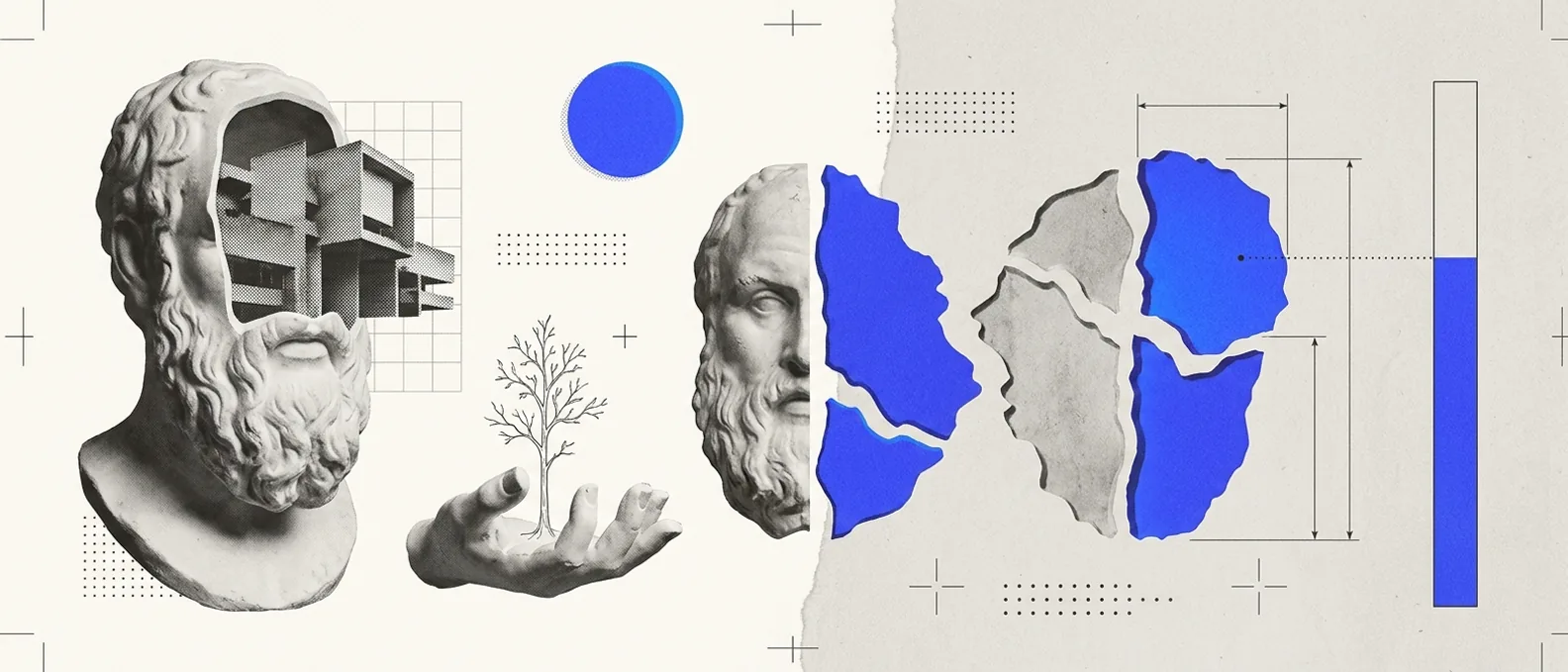 A plaster map split into paired regions, one half of each pair dimmed to plaster-gray and one lit in brand blue, with thin measurement hairlines connecting a lit region to a rising conversion bar