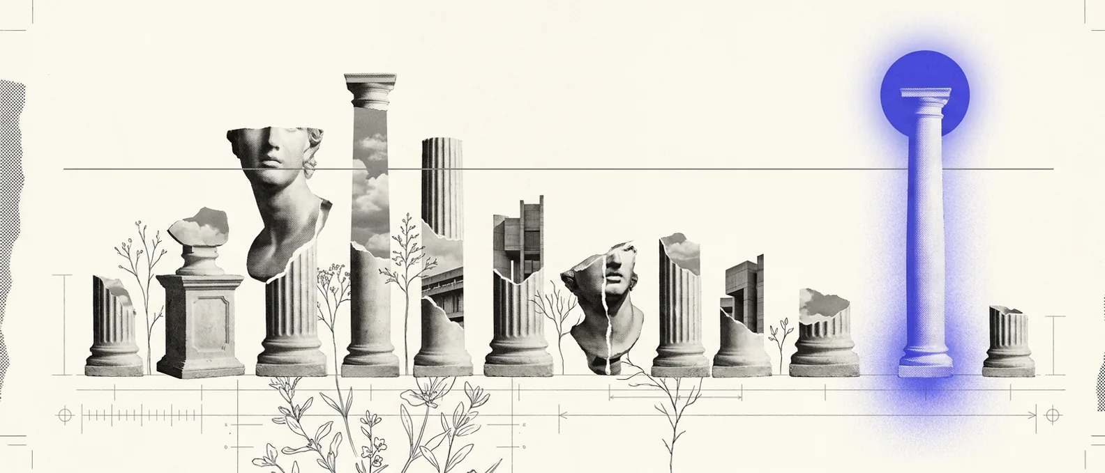 A single plaster average-line drawn straight across a wildly uneven landscape of plaster cost-columns of very different heights, one column glowing brand-blue far above the line, hairline measurement rules