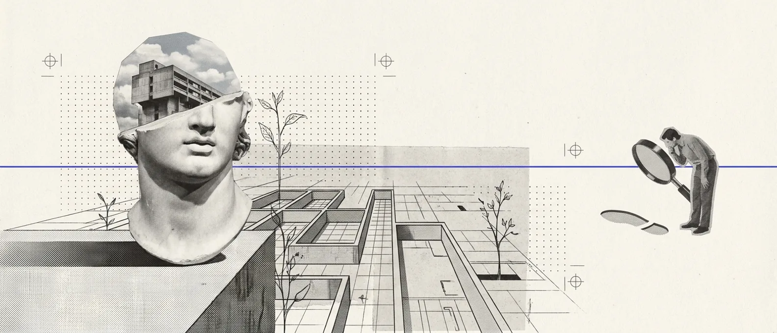 A plaster figure viewing a landscape from a high vantage, seeing the whole terrain, while a smaller figure below squints at a single footprint through a magnifier; a brand-blue horizon line connects the two views