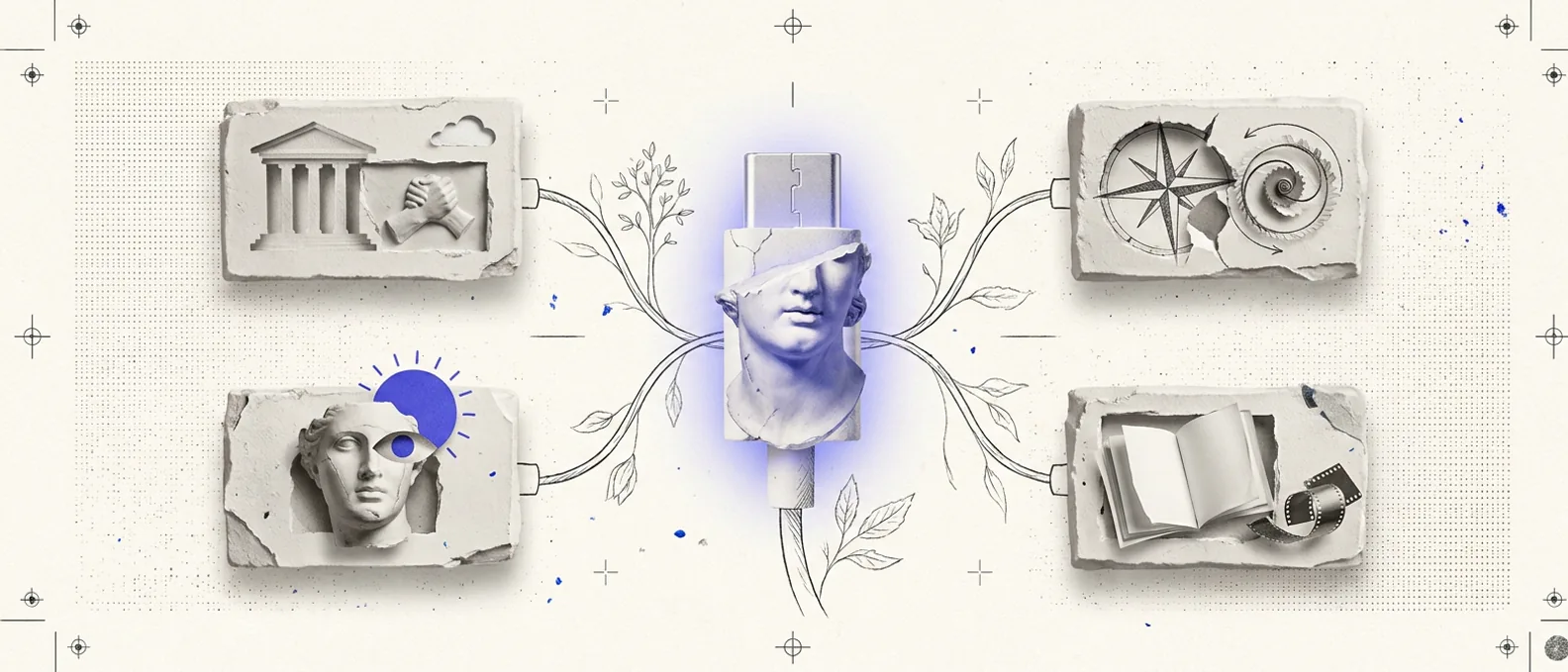 A single plaster USB-C style connector at the center of a clean brand-blue field, with thin hairline cables fanning out to small labeled plaster boxes for CRM, analytics, ads, and content