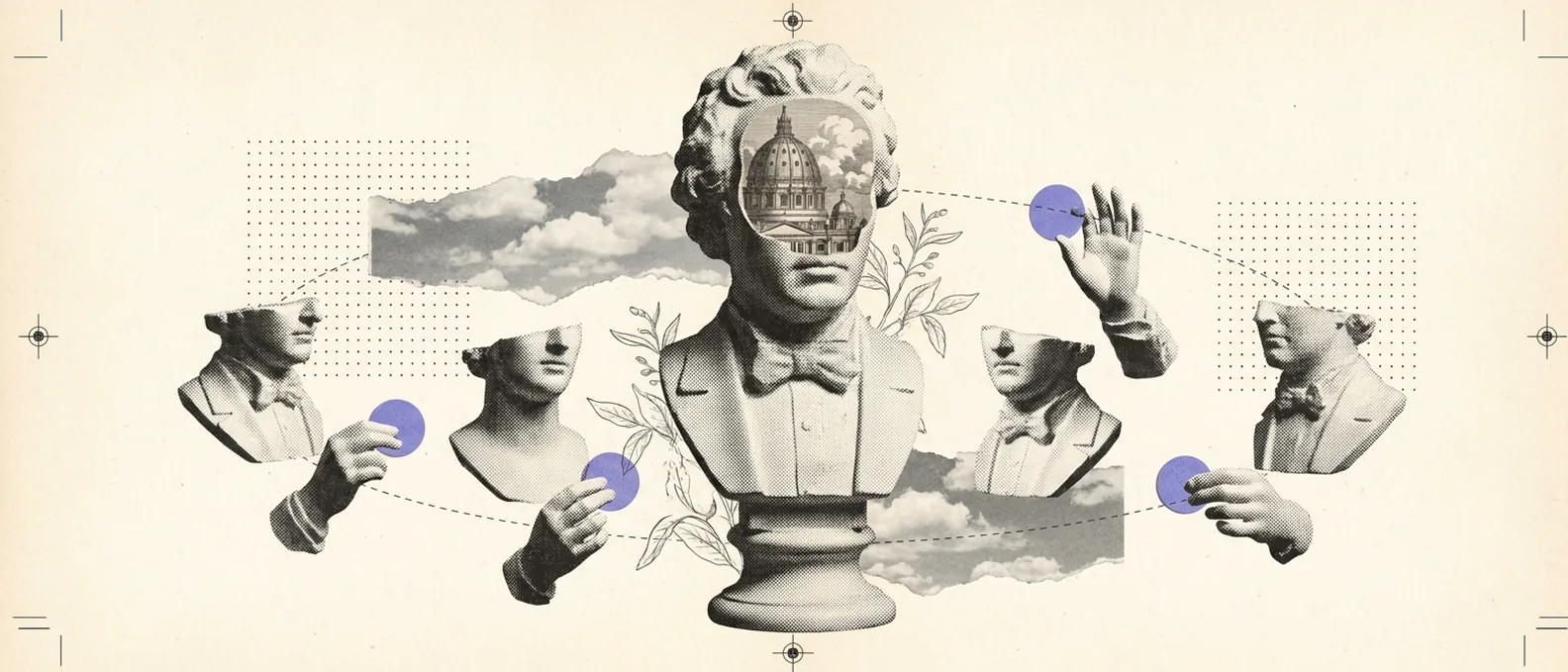 A central plaster conductor figure directing four smaller plaster agent figures arranged in an arc, each passing a small brand-blue token to the next along thin hairline rules, while one gate figure raises a flat hand to stop a token from passing