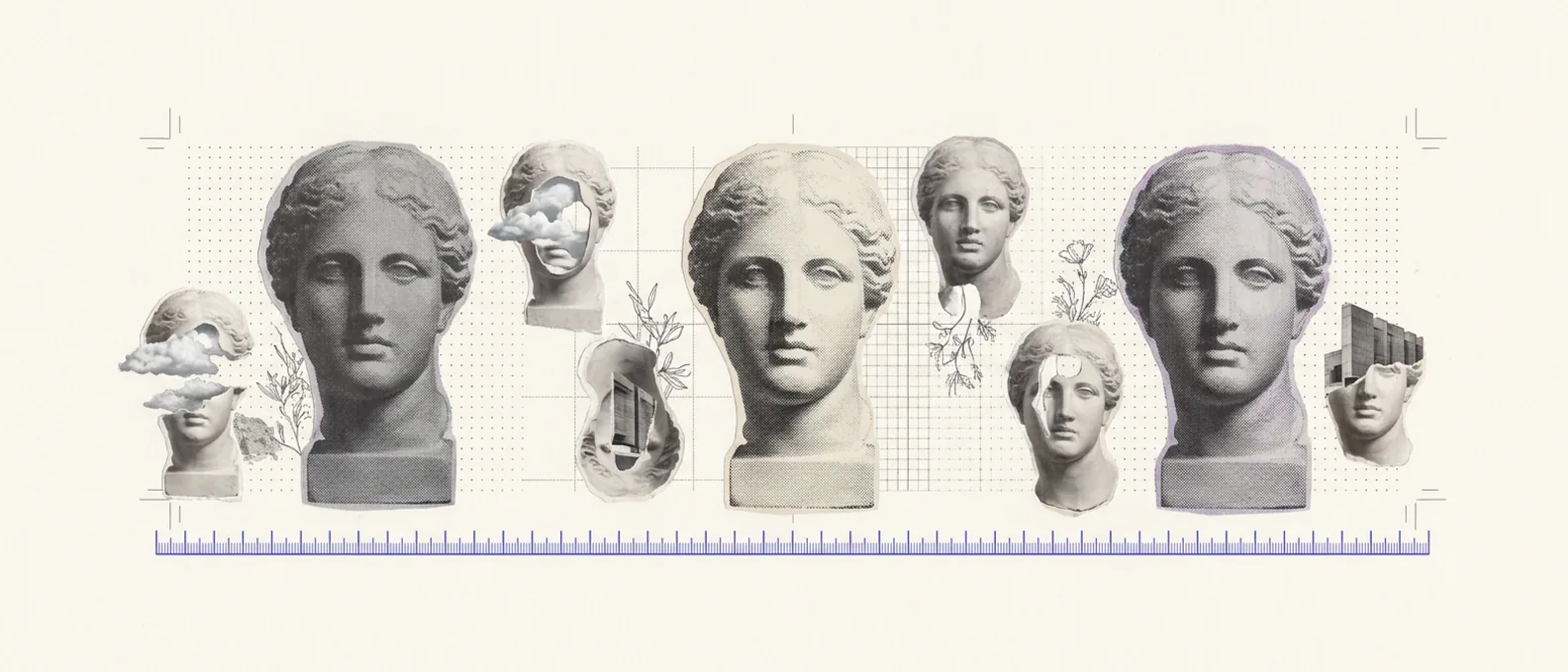 Eleven small plaster fragments of the same head arranged in an uneven row, three large and solid and eight tiny, with one continuous blue measuring rule running beneath all of them