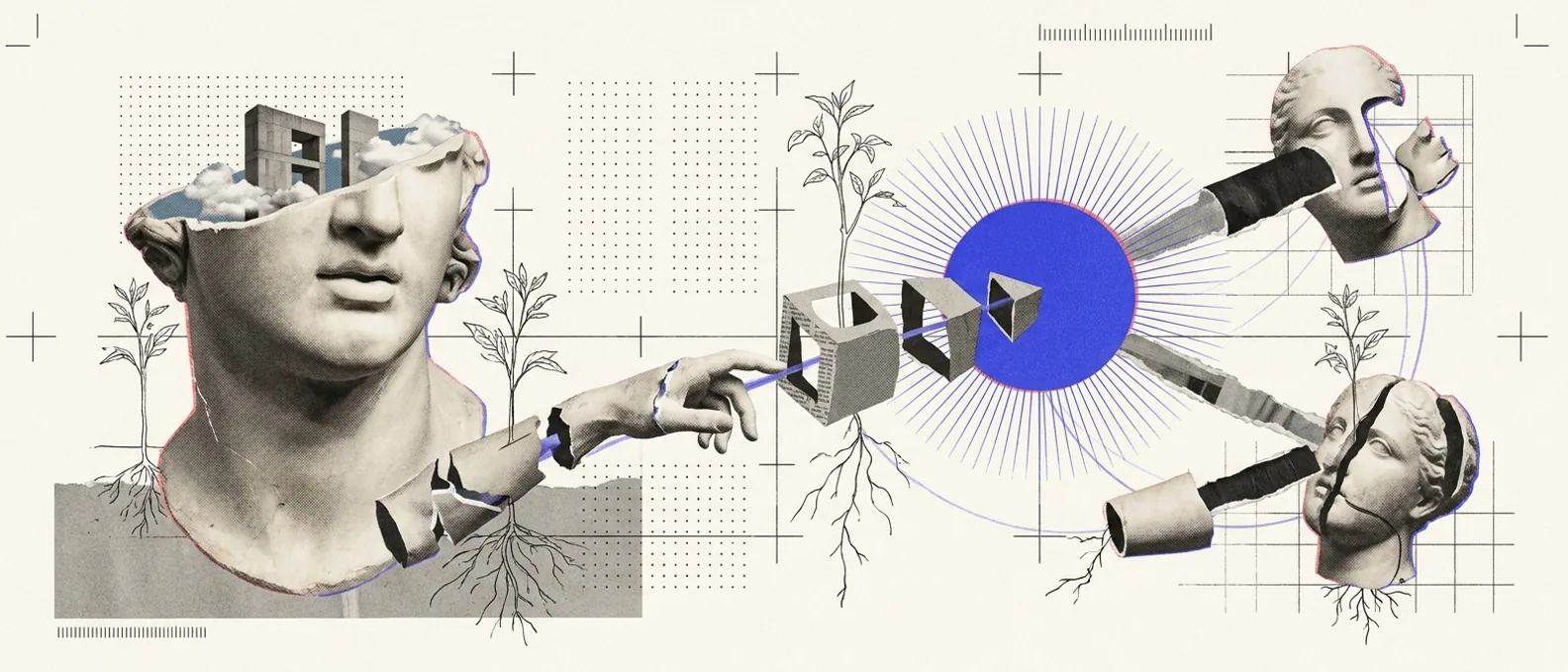 A plaster control panel where a hand connects clean pipes between labeled SaaS boxes, one pipe branching into a glowing brand-blue AI node that makes a decision, hairline measurement rules along the wiring