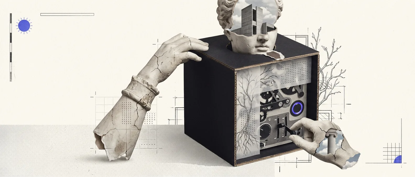 A matte-black cube cracked open like a control console, its interior revealed as orderly levers, dials, and dotted matrices, a plaster hand adjusting one lever, a single blue indicator glowing among the controls