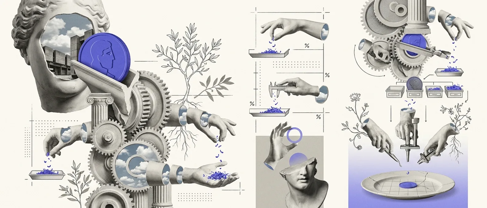 A single plaster coin falling down a tall column of grasping mechanical hands, each skimming a thin sliver of it, so only a small dimmed brand-blue coin lands on a publisher’s plate at the bottom, hairline fee rules along the column