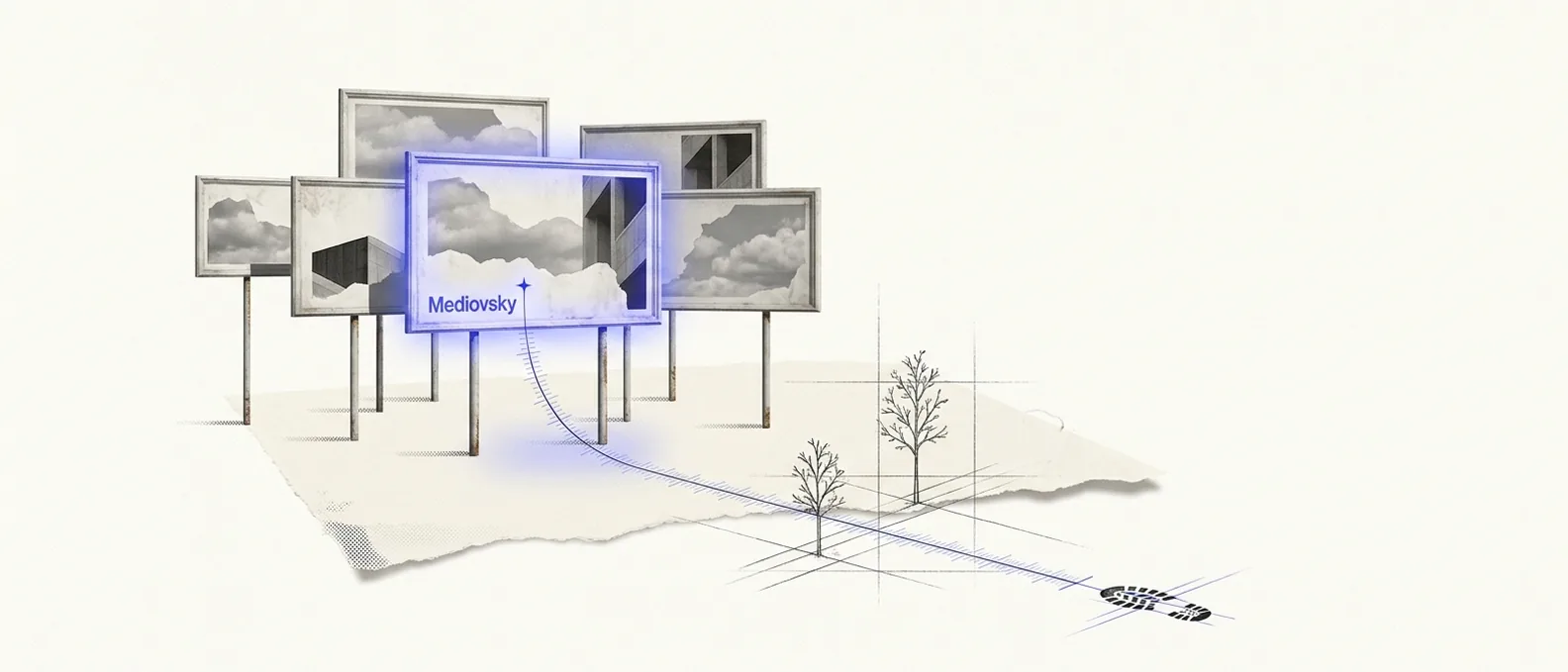 A cluster of plaster city billboard screens on thin posts, each lit brand-blue, feeding a single measurement hairline that curves down to a small footprint marker on the ground