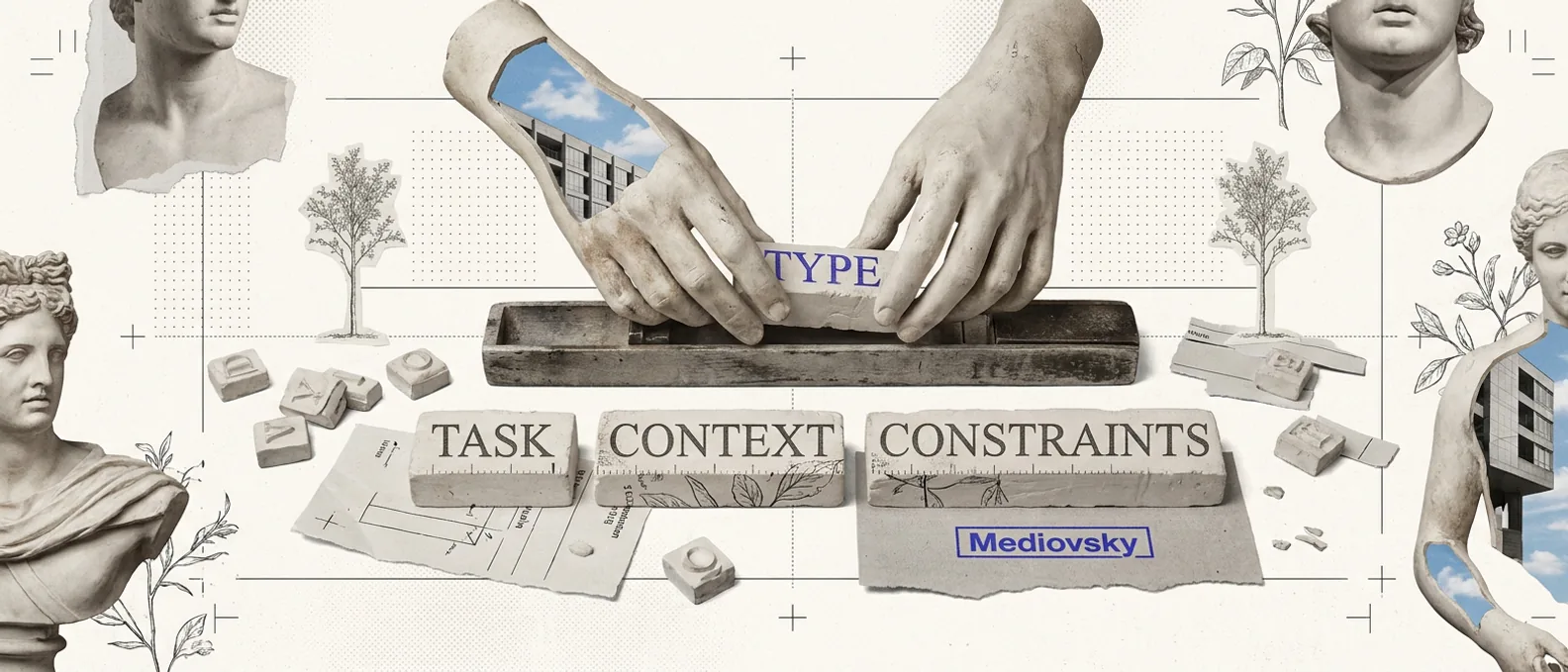 Two classical plaster hands setting carved type blocks stamped TASK, CONTEXT, and CONSTRAINTS into a composing stick, loose letter tiles around them and one brand-blue inked block printing a crisp line