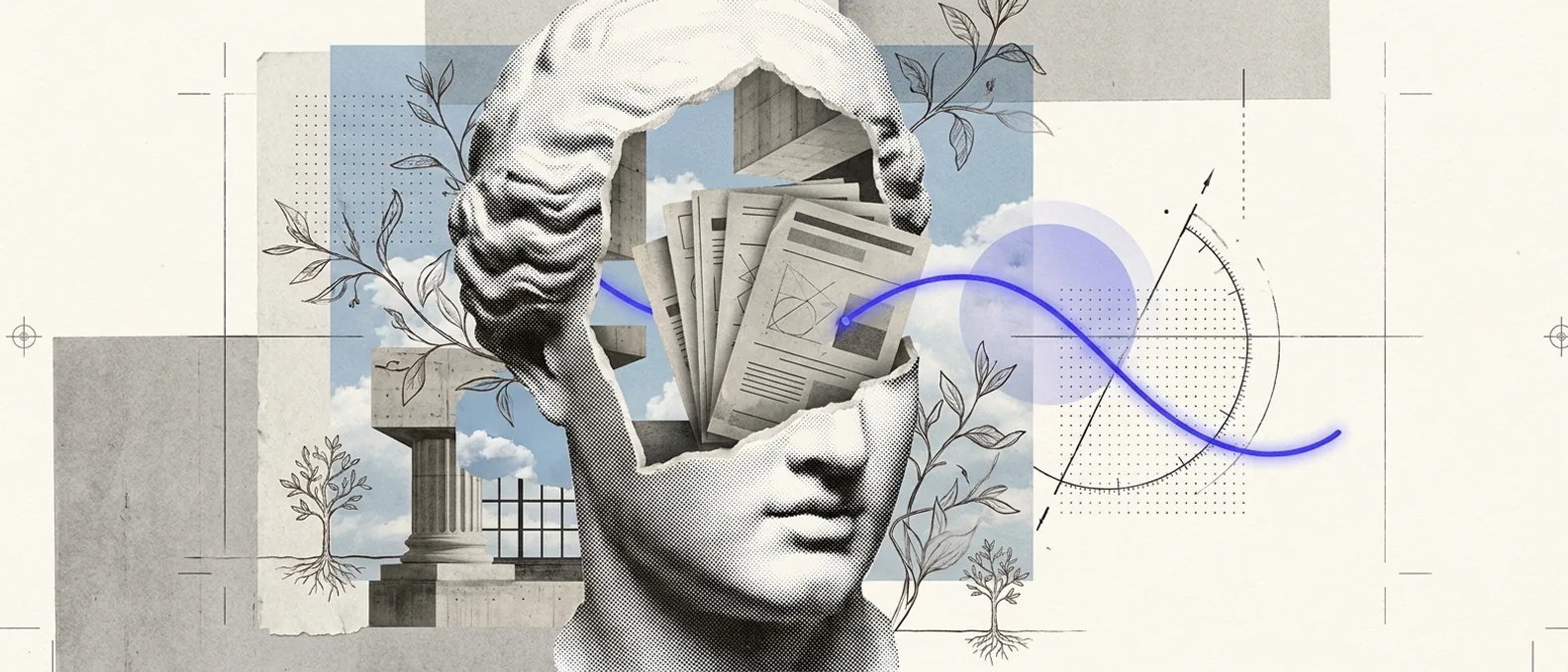 A cut-open classical plaster head holding a stack of labeled brand knowledge cards, with a single glowing brand-blue thread pulling one card forward, hairline measurement rules and a dotted index grid around it