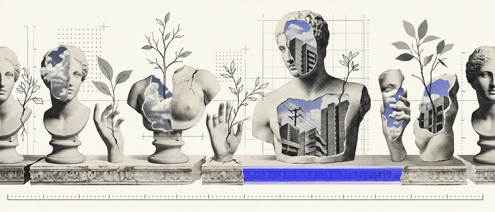 A supermarket shelf rendered as a classical frieze of plaster products, one shelf edge glowing brand-blue while the rest recede into paper-gray, hairline price rails beneath