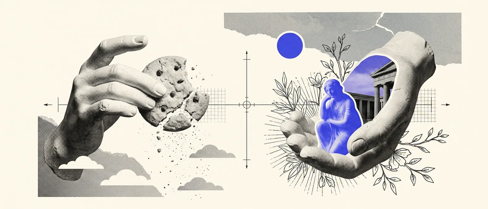 A plaster cookie crumbling to dust on one side while a plaster hand cups a small glowing brand-blue figure, thin hairline rules linking the two