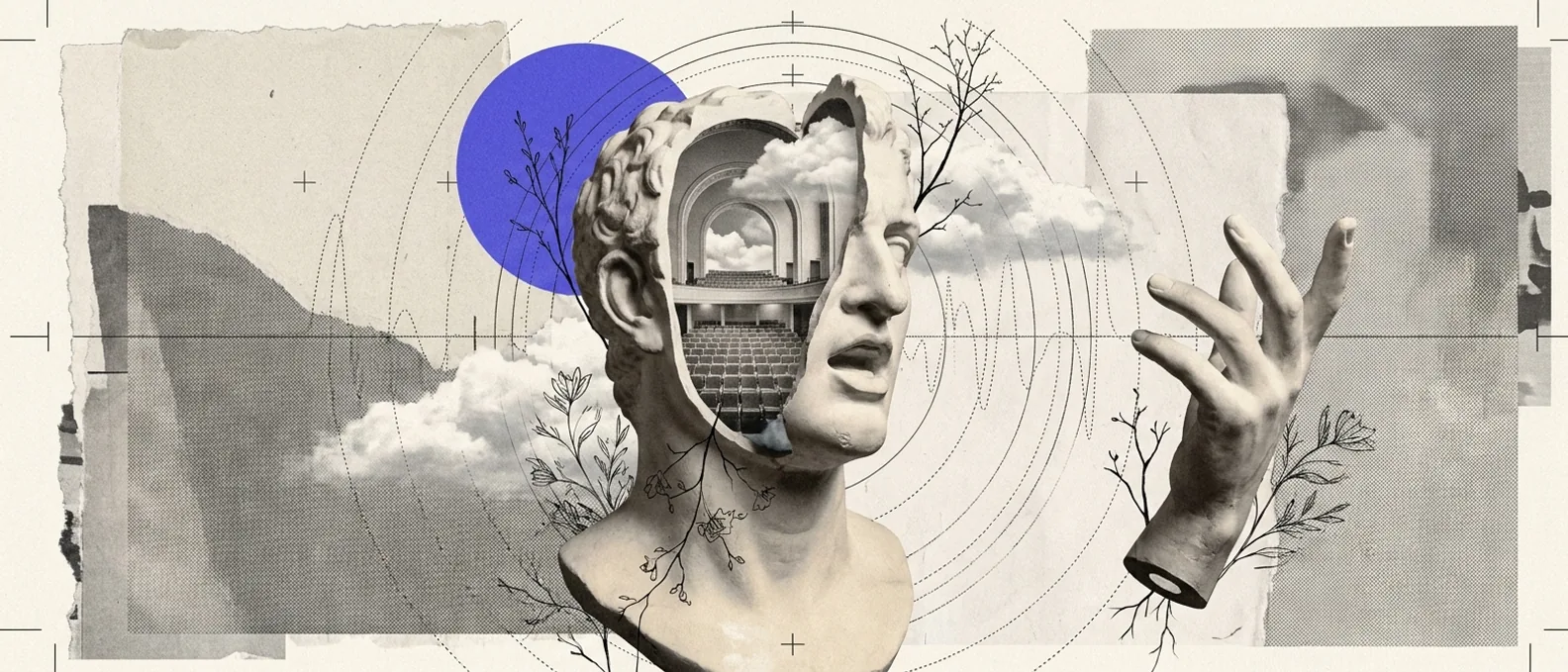 Editorial collage: a classical plaster orator's head sliced open to reveal a tiered auditorium inside, acoustic rings radiating outward as fine measurement arcs, a raised marble hand, and a single blue accent disk